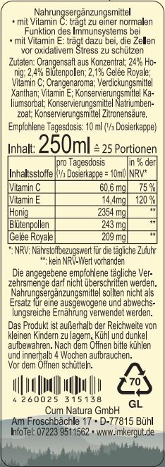 Gelee Royale Trink Kur Etikett von hinten 